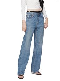 Women's Jeans Fashion Women Bikini Decorated Splicing Denim Trousers Four Seasons All-Match Blue Straight Wide Leg Pants For Ladies