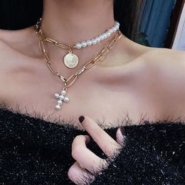 Design Imitation Pearls Choker Necklace Female Cross Pendant Necklaces Women Gold Colour 2019 Fashion Summer Coin Jewelry278q