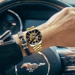 Wristwatches Gold Black Mechanical Watch Automatic Self-Wind Stainless Steel Strap Skeleton Watches Men Crystal Star Dial Fashion Wristwatch
