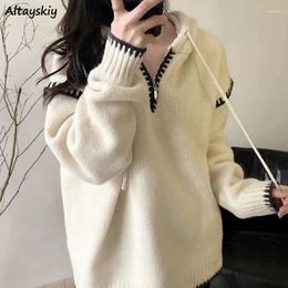 Women's Sweaters Panelled Zip-up Pullovers Women Hooded Elegant Loose Ulzznag Knitted Casual Gentle Soft All-match Harajuku Autumn Classic