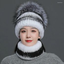 Berets Real Rex Fur Hat Scarf Sets Winter Warm Beanie Cap Handmade Fluffy Soft