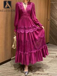 Casual Dresses AELESEEN Maxi Party Autumn Dress Women V-Neck Lanter Sleeve Wine Black White Lace Patchwork Ruffles Elegant Designer Fashion