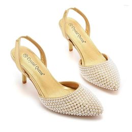 Dress Shoes Summer For Women Sandals PU 7CM Thin Heels Slip On Bride Wedding Banquet Women's Golden Pumps