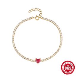 Charming Women Bracelet 925 Silver ellow Gold Plated Red CZ Heart Tennis Bracelet for Girls Women Nice Gift