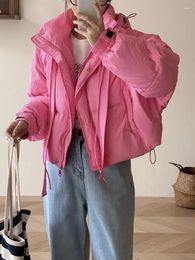Casacos de Trench Femininos Moda Jaquetas de Inverno para Mulheres 2023 Espessamento Quente Rosa Com Capuz Curto Jaqueta Acolchoada Mulher Outono / Inverno Lace-up em