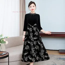 Ethnic Clothing 2023 Traditional Chinese Vintage Dress Women Improved Cheongsam Elegant Qipao National Flower Print Velvet