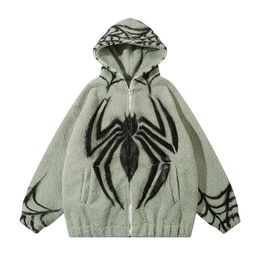Hip Hop Fluffy Hooded Jacket Streetwear Spider Wed Print Full Zip Up Teddy Coats 2023 Harajuku Thick Warm Fuzzy Fleece Jackets