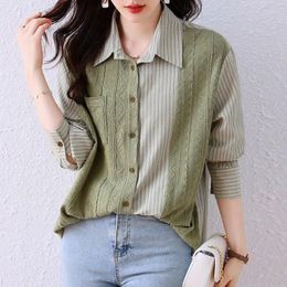 Women's Blouses DUOFAN Long Sleeve Women 2023 Autumn Korean Knitted Patchwork Striped Turndown Collar Shirts Fashion Casual Female Tops