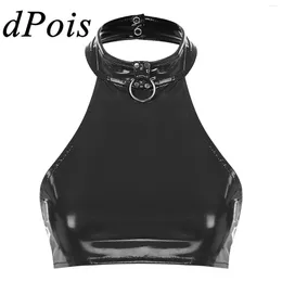 Women's Tanks Sexy Womens Crop Top Fashion O Ring Halter Vest Backless Sleeveless Patent Leather Tank Tops For Party Club Music Festival