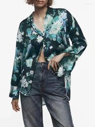 Women's Blouses 2023 Autumn High-quality Lapel Long-sleeved Retro Printed Holiday Style Casual Silk Satin Texture Drape Shirt Top