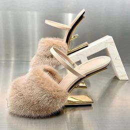 Dress Shoes Fashion Women Fur Slippers Sexy Peep Toe Gladiator Sandals Dress Pumps Spring Summer Strange Heel Mules High Heel Wedge Shoes 231016