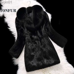 Women's Fur Faux Fur Luxury Genuine Full Whole Rabbit Fur Coat For Women With Real Natural Fox Fur Collar Hot Wholesale Ladies Overcoat TSR100L231016