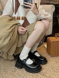 Dress Shoes 2023 Black Thick Bottom Mary Jane Heel Lolita College Girls Retro Platform Japanese JK Leather