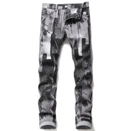 Mens Fashion Abstract Art Stretch Slim Straight Jeans Teenagers Digital 3D Printed Grey Black Jeans Denim Pants169y