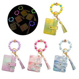 Luminous Beaded Keychains Tassel Leather Card Bag Silicone Bead Wrist Keychains Wallet Keychain Christmas Gift Keyring Key Chain