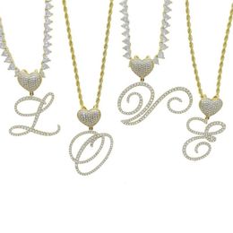 Chains Arrived A-Z Cursive Heart Letters Name Pendant Necklace Iced Out Bling Cubic Zircon Gold Silver Colour Charm Hip Hop Jewelry227N