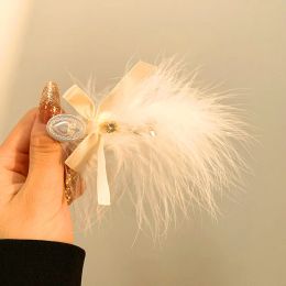 White Feather Hair Clips For Women Girls Elegant Hairpins Fashion Rhinestone Ribbon Bow Hairgrip Wedding Party Hair Accessories