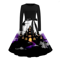 Casual Dresses Halloween Print Flare Dress For Women Long Sleeve Hollow Party Evening Maxi