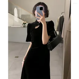 Ethnic Clothing Retro Chinese Style Advanced Sense Improved Cheongsam Black Velvet Dress Summer Short-sleeved Skirt Women's