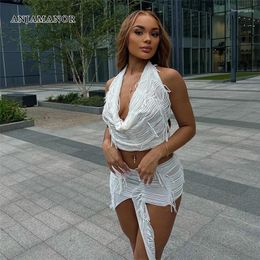 Work Dresses ANJAMANOR Distressed 2 Piece Set Skirt And Top All White Sexy Night Club Outfits For Women 2023 Summer Short Dress Sets