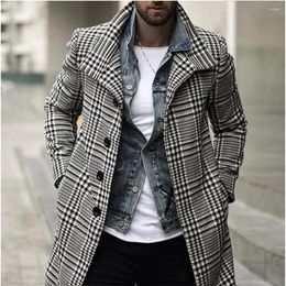 Men's Trench Coats Jacket Autumn/Winter Fashion Trend Collar Single Breasted Plaid Mid Length Windbreaker Coat