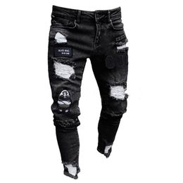 Men's Jeans Men Stretchy Ripped Skinny Biker Embroidery Print Destroyed Hole Taped Slim Fit Denim Scratched189H