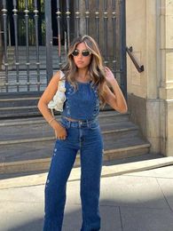 Women's Two Piece Pants Metal Ring Design Denim Sets For Women 2023 O Neck Sleeveless Crop Tank Tops High Waist Jeans Female Suit Vintage