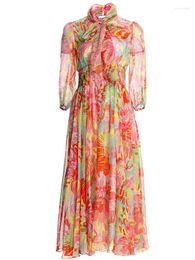 Casual Dresses Fashion Designer Summer Vacation Vestidos Women's Bow Lantern Sleeve Flower Print Elegant Long Dress