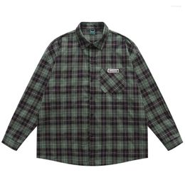 Men's Casual Shirts Green Plaid Long Sleeved Men Autumn Turn-down Collar Shirt Sleeve Cotton