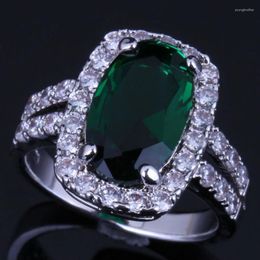 Cluster Rings Shining Oval Green Cubic Zirconia White CZ Silver Plated Ring V0642