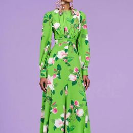 Basic Casual Dresses SPring Autumn Female High Quality Fashion Party Flower Printing Green Pleated Bohemian Elegant Chic Slim Long Dress 231016