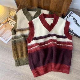 Men's Vests Autumn Winter Sleeveless V-neck Pullover Sweater Vest Japanese Striped Niche Causal Loose High Street Sweaters Male Clothes