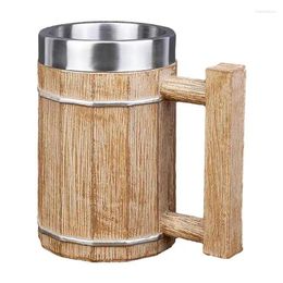 Mugs 600ML Wooden Barrel Resin Stainless Steel Beer Handmade Tea Coffee Cups Kitchen Bar Drinkware For