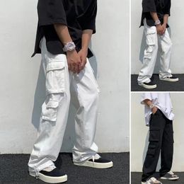 Men's Pants Mid-Rise Drawstring Elastic Waistband Multi Pockets Men Straight Wide Leg Solid Color Casual Hip-hop Pocket Cargo