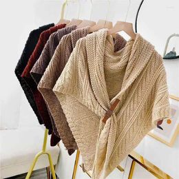 Scarves 2024 Women Triangle Knitted Hollow Leather Buckle Wool Shawl Top Winter Fashion Warm Scarf Wraps Female Sjaal