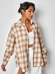 Women's Jackets ZAFUL Plaid Button Up Shacket Women Casual Top Flannel Shirt Jacket Spring Autumn Oversized Turn Down Collar Loose Coat