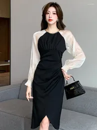 Casual Dresses Autumn Women Lantern Sleeve Evening Party Elegant Slim Waist Fashion Ruched One Pieces Vestidos Spring Prom Clothes