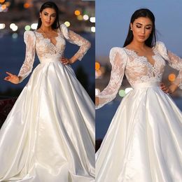 Elegant Satin A Line Wedding Dresses Cap Puff Long Sleeves Beach Boho Bride Gown Illusion Lace V Neck Custom Bride Dress