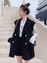 Women's Suits LANMREM Patchwork Color Block Blazer For Women Double Breasted Lapel Long Sleeve Loose Coat Female Fashion 2023 Autumn 2N747