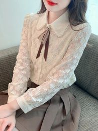 Women's Blouses Doll Collar Apricot Lace Shirt Autumn And Winter Undershirts 2023 Long Sleeve Bottoming Top High-End Office Blusas