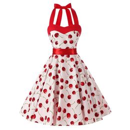 Casual Dresses Women Red Cherry Party Dress Vintage 50s Rockabilly Hepburn 2021 Elegant Summer Strapless Swing Retro Halter Pin Up272L