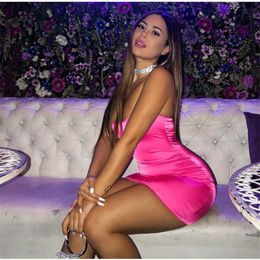 Stretch Mini Satin Women Sexy Straps Slim Fit Bodycon Party Dress Neon Pink Summer Dreses Dual-layered bodysuit size vestido na LY230y