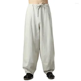 Men's Pants Summer Cotton Linen Wide Leg Long Casual Loose Solid High Waist Bloomers Trousers Large Size Mens Clothing M-6XL