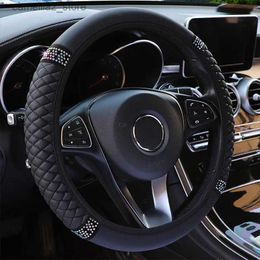 Steering Wheel Covers Four Seasons Universal Car Steering Wheel Cover 37-38cm Leather Embroidered Color Diamond-Studded Elastic Steering Wheel Cover Q231016