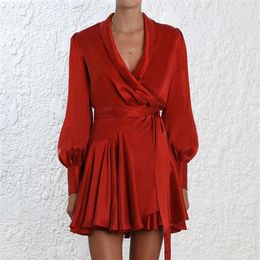 Elegant Silk Satin Dress Women Sexy V Neck Lantern Sleeve Ruffle Sash Mini Wrap Dress Ladies A Line Long Sleeve Dress Vestido LJ20337l