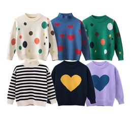 Пуловер, весенне-осенний детский свитер для девочек, 100% хлопок, новинка, детский вязаный свитер в полоску с сердечками в горошек, повседневные спортивные свитера 231016