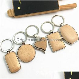 Key Rings Key Rings Metal Wood Keychains Chain Ring Round Heart Rec Simple Diy Blank Wooden Car Pendant Holder Fashion Gifts Keyrings Dhe13