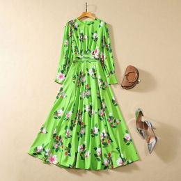 European and American women's clothing 2023 autumn new Round neck long sleeve green flower print fashion Pleated dress XXL