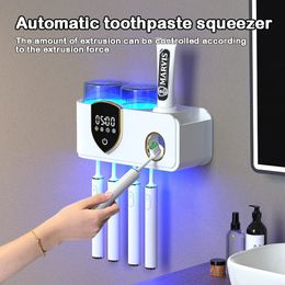 Toothbrush Holders Wall-mounted Toothbrush Holder with Cup Toothpaste Squeezer Toothpaste Dispenser Storage Shelf LED Display Bathroom Accessories 231013