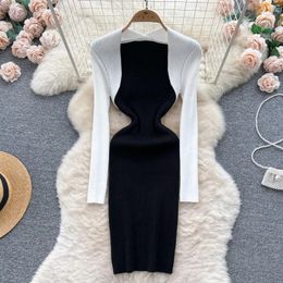 Casual Dresses Women's Fashion Elegant Patch Work Square Neckline Long Sleeve Body Dress Sexy Knitted Elastic Slim Fit Hip Wrap Sweater